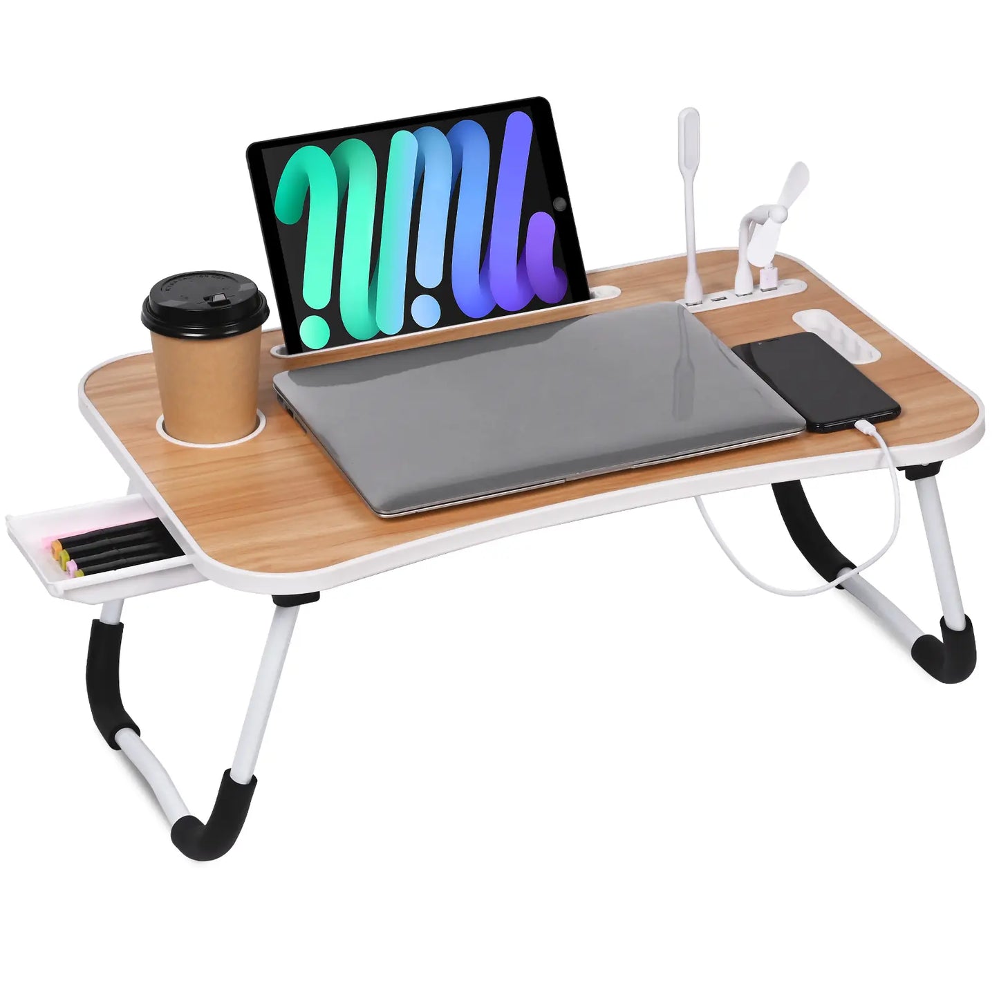 WGCTEK Laptop Bed Desk, Portable Foldable Laptop Table, Lap Desk Tray Table with 4 USB Ports, Storage Drawer and Cup Holder, for Bed/Couch Working, Reading - Black/White/Pink/Walnut