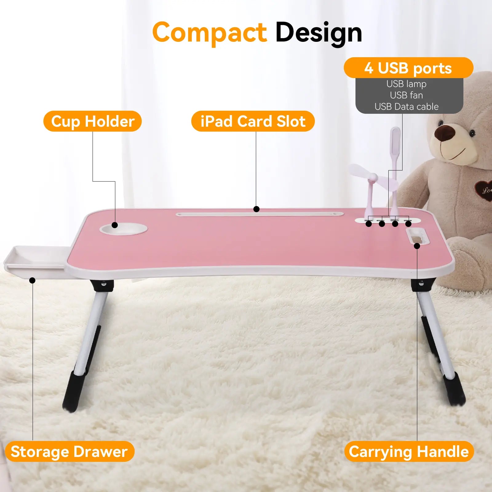 WGCTEK Laptop Bed Desk, Portable Foldable Laptop Table, Lap Desk Tray Table with 4 USB Ports, Storage Drawer and Cup Holder, for Bed/Couch Working, Reading - Black/White/Pink/Walnut