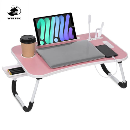 WGCTEK Laptop Bed Desk, Portable Foldable Laptop Table, Lap Desk Tray Table with 4 USB Ports, Storage Drawer and Cup Holder, for Bed/Couch Working, Reading - Black/White/Pink/Walnut