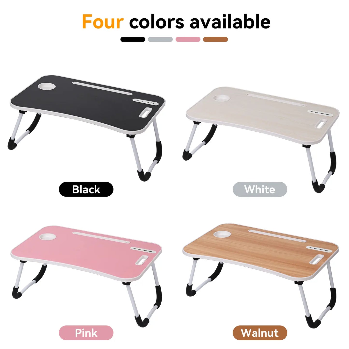 WGCTEK Laptop Bed Desk, Portable Foldable Laptop Table, Lap Desk Tray Table with 4 USB Ports, Storage Drawer and Cup Holder, for Bed/Couch Working, Reading - Black/White/Pink/Walnut