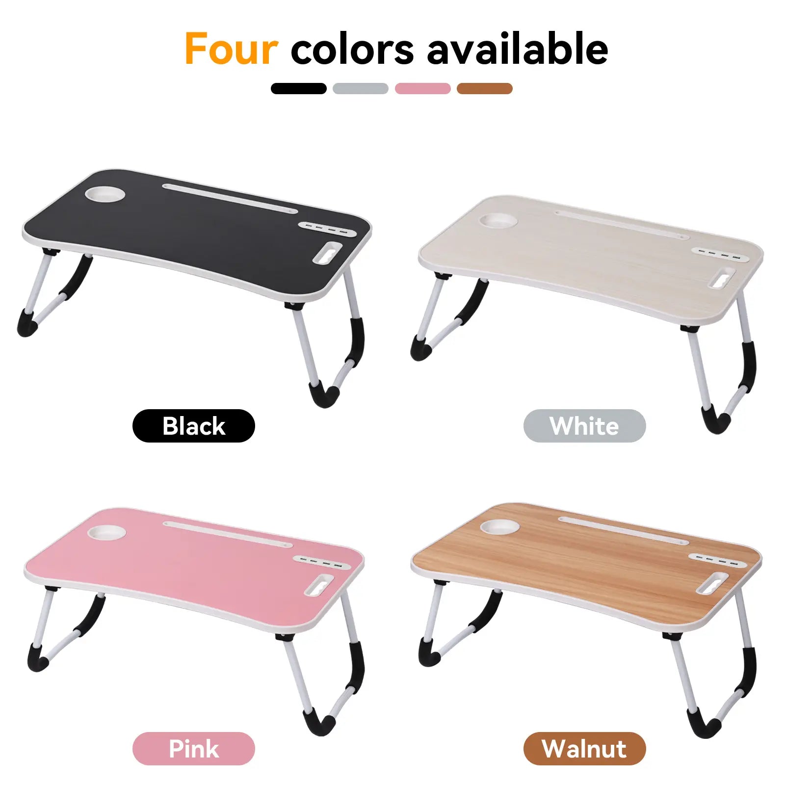 WGCTEK Laptop Bed Desk, Portable Foldable Laptop Table, Lap Desk Tray Table with 4 USB Ports, Storage Drawer and Cup Holder, for Bed/Couch Working, Reading - Black/White/Pink/Walnut