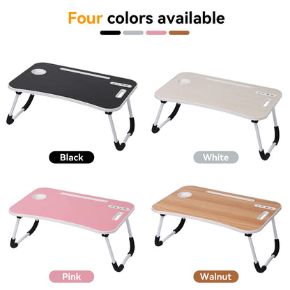WGCTEK Laptop Bed Desk, Portable Foldable Laptop Table, Lap Desk Tray Table with 4 USB Ports, Storage Drawer and Cup Holder, for Bed/Couch Working, Reading - Black/White/Pink/Walnut