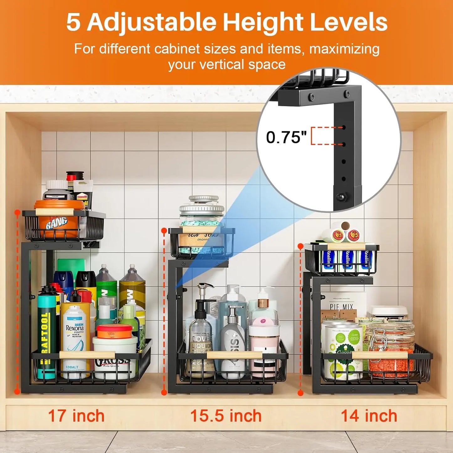 Pull Out Cabinet Organizer, 2 Tier under Sink Organizer, Slide Out Metal Kitchen Cabinet Organizers Drawer Shelf, Sliding Storage Shelves for Kitchen Bathroom Pantry Cabinet Closet Organization Rack