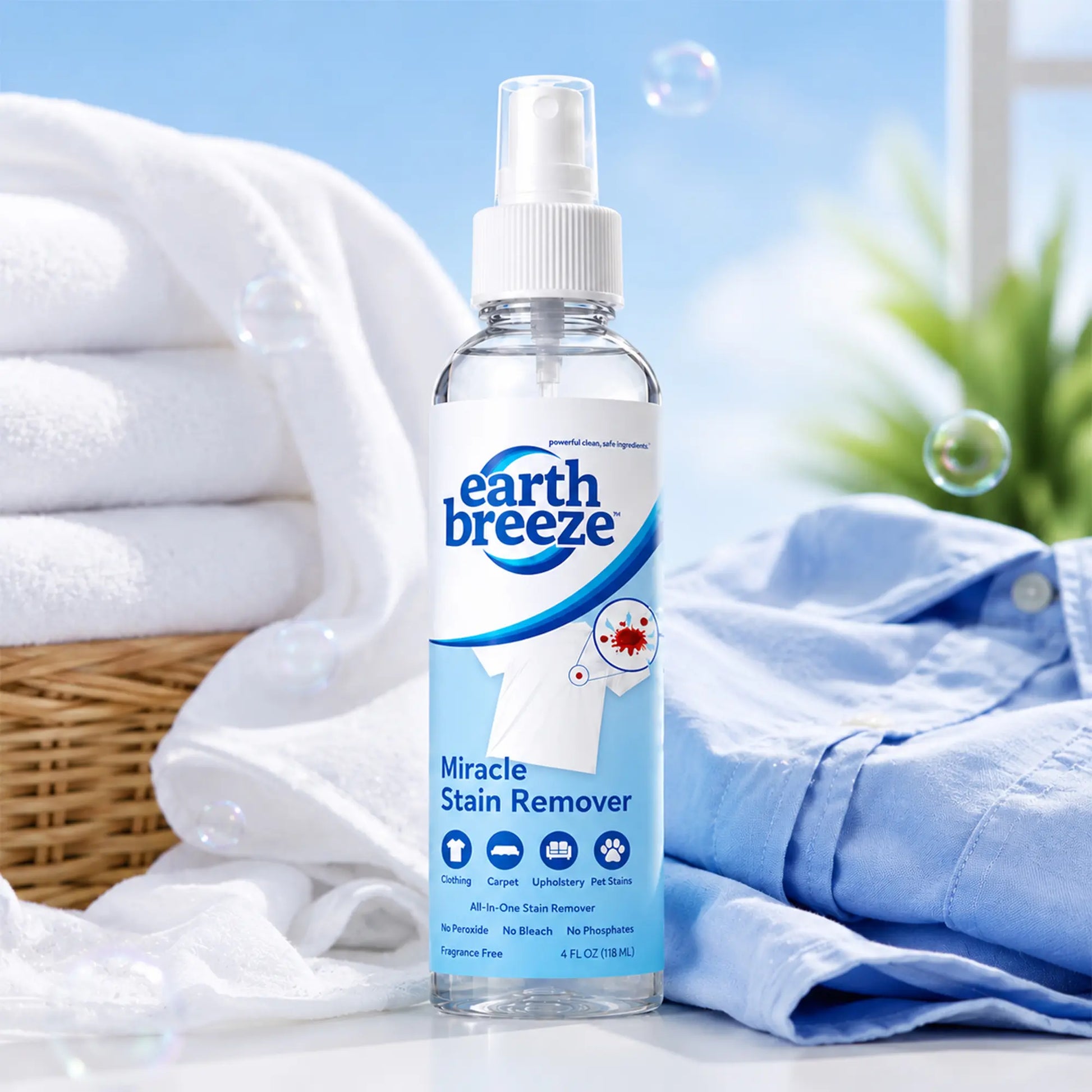 NEW! Earth Breeze Miracle Stain Remover Spray - Powerful All-In-One Laundry Pretreat & Fabric Stain Remover | Ultra-Effective, Fast-Acting Tough Stain Eliminator for Clothes, Carpet, Upholstery & Pets | Non-Toxic, No Bleach | Made in USA | 4 Fl Oz