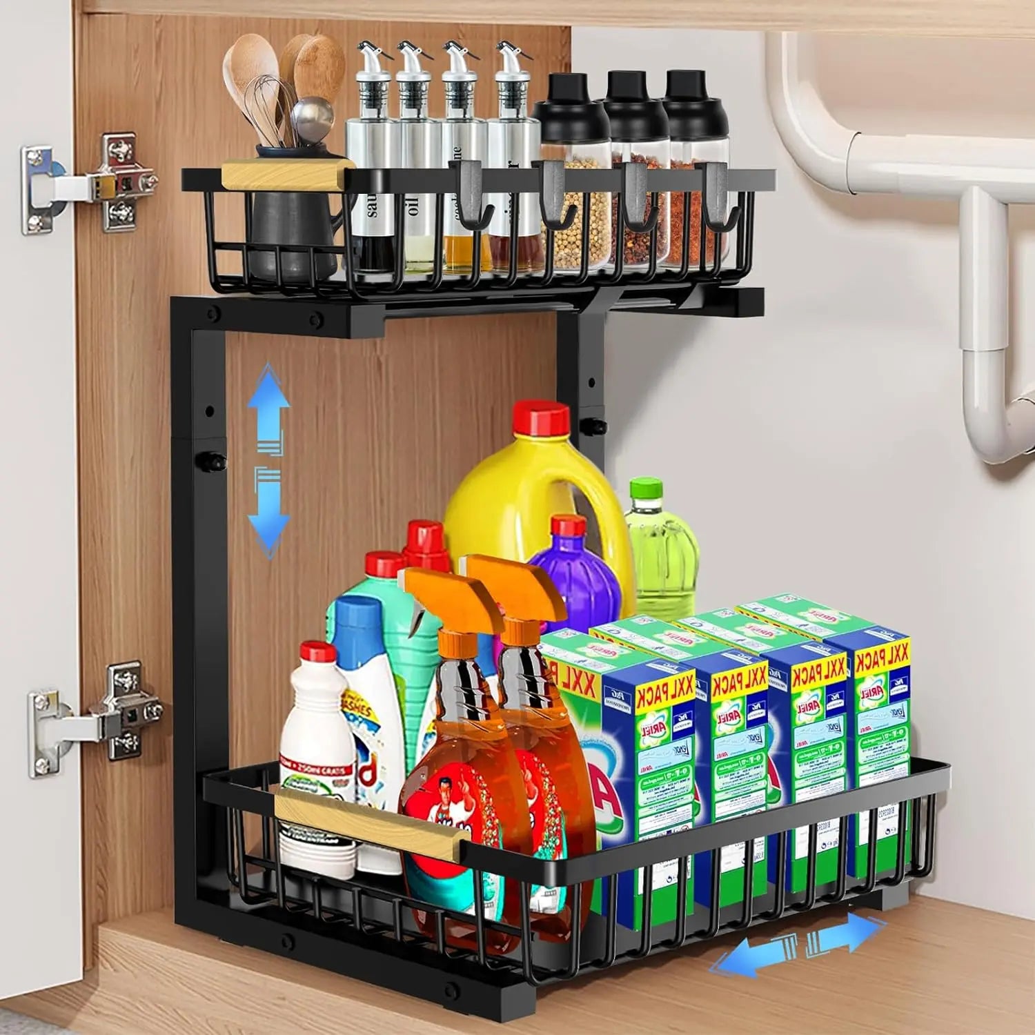 Pull Out Cabinet Organizer, 2 Tier under Sink Organizer, Slide Out Metal Kitchen Cabinet Organizers Drawer Shelf, Sliding Storage Shelves for Kitchen Bathroom Pantry Cabinet Closet Organization Rack
