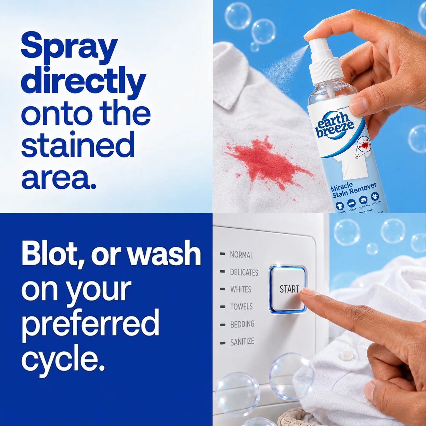 NEW! Earth Breeze Miracle Stain Remover Spray - Powerful All-In-One Laundry Pretreat & Fabric Stain Remover | Ultra-Effective, Fast-Acting Tough Stain Eliminator for Clothes, Carpet, Upholstery & Pets | Non-Toxic, No Bleach | Made in USA | 4 Fl Oz