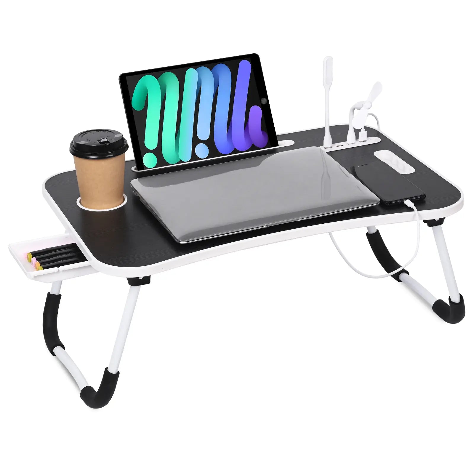 WGCTEK Laptop Bed Desk, Portable Foldable Laptop Table, Lap Desk Tray Table with 4 USB Ports, Storage Drawer and Cup Holder, for Bed/Couch Working, Reading - Black/White/Pink/Walnut