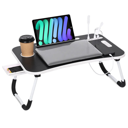 WGCTEK Laptop Bed Desk, Portable Foldable Laptop Table, Lap Desk Tray Table with 4 USB Ports, Storage Drawer and Cup Holder, for Bed/Couch Working, Reading - Black/White/Pink/Walnut