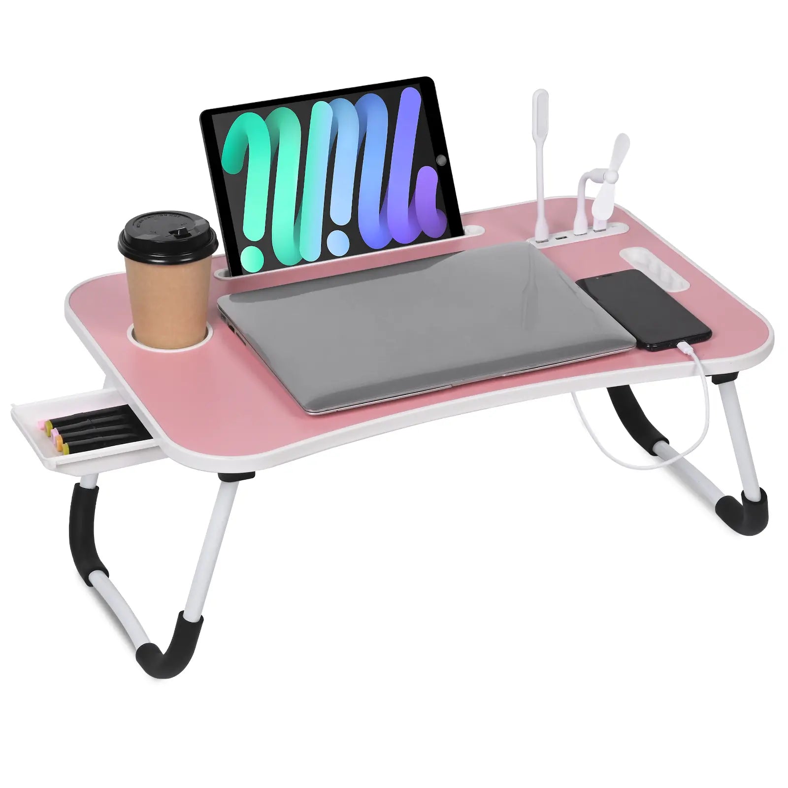 WGCTEK Laptop Bed Desk, Portable Foldable Laptop Table, Lap Desk Tray Table with 4 USB Ports, Storage Drawer and Cup Holder, for Bed/Couch Working, Reading - Black/White/Pink/Walnut