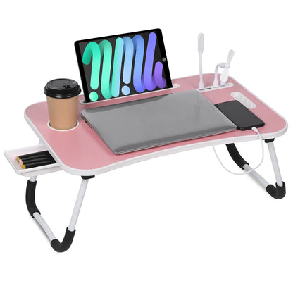 WGCTEK Laptop Bed Desk, Portable Foldable Laptop Table, Lap Desk Tray Table with 4 USB Ports, Storage Drawer and Cup Holder, for Bed/Couch Working, Reading - Black/White/Pink/Walnut