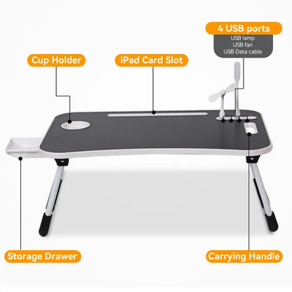WGCTEK Laptop Bed Desk, Portable Foldable Laptop Table, Lap Desk Tray Table with 4 USB Ports, Storage Drawer and Cup Holder, for Bed/Couch Working, Reading - Black/White/Pink/Walnut