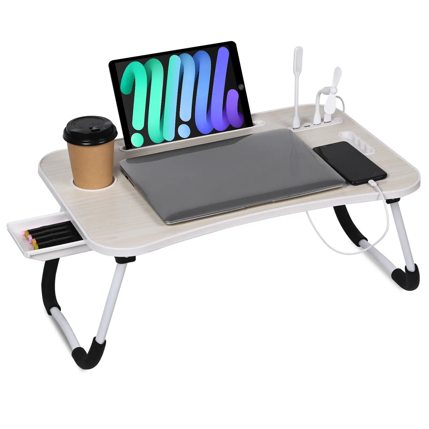 WGCTEK Laptop Bed Desk, Portable Foldable Laptop Table, Lap Desk Tray Table with 4 USB Ports, Storage Drawer and Cup Holder, for Bed/Couch Working, Reading - Black/White/Pink/Walnut