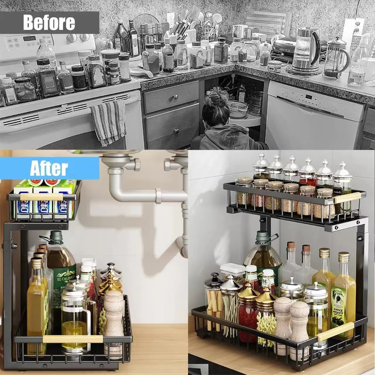 Pull Out Cabinet Organizer, 2 Tier under Sink Organizer, Slide Out Metal Kitchen Cabinet Organizers Drawer Shelf, Sliding Storage Shelves for Kitchen Bathroom Pantry Cabinet Closet Organization Rack