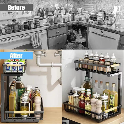 Pull Out Cabinet Organizer, 2 Tier under Sink Organizer, Slide Out Metal Kitchen Cabinet Organizers Drawer Shelf, Sliding Storage Shelves for Kitchen Bathroom Pantry Cabinet Closet Organization Rack