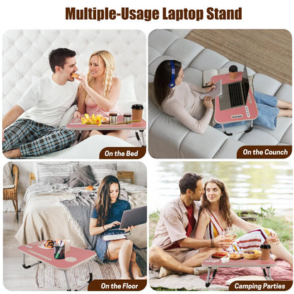 WGCTEK Laptop Bed Desk, Portable Foldable Laptop Table, Lap Desk Tray Table with 4 USB Ports, Storage Drawer and Cup Holder, for Bed/Couch Working, Reading - Black/White/Pink/Walnut