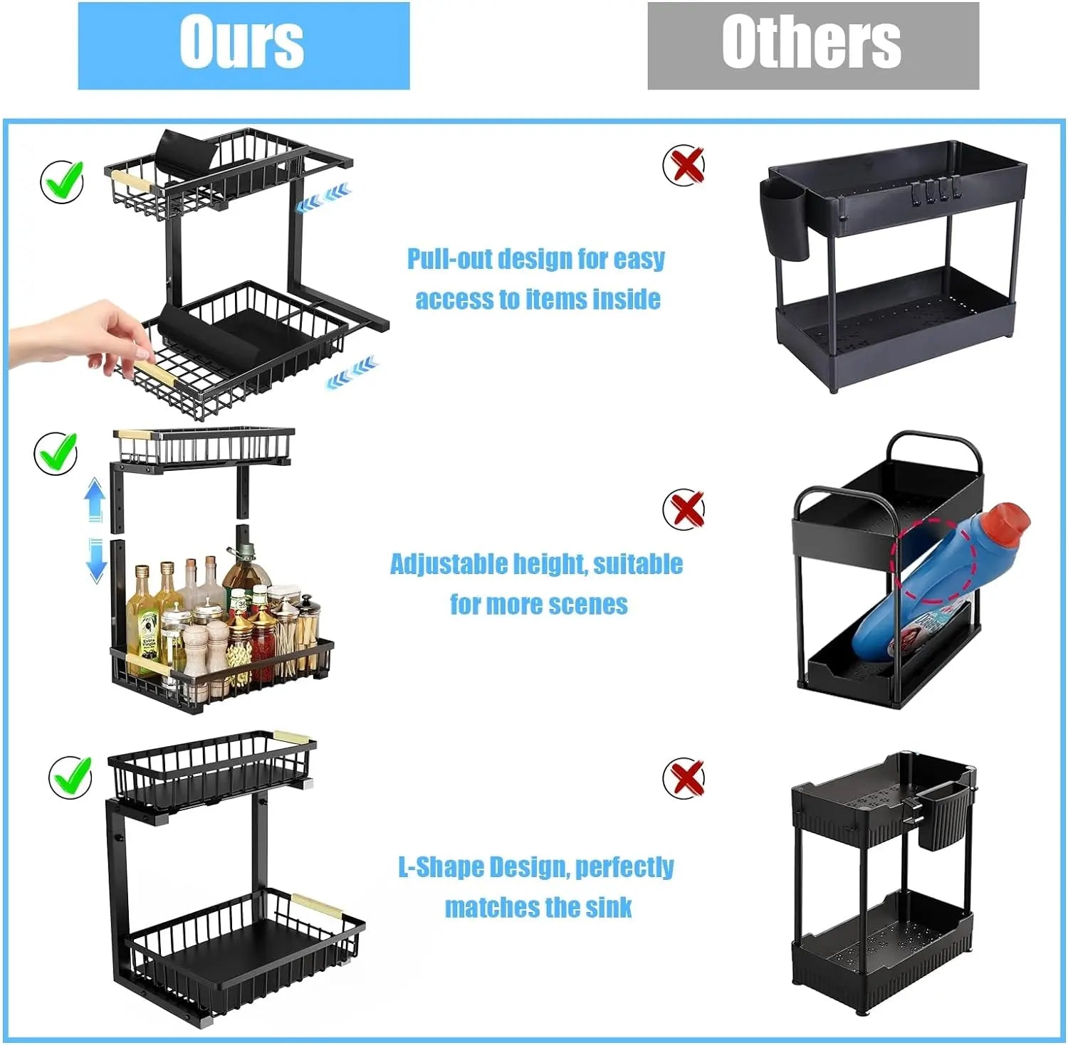 Pull Out Cabinet Organizer, 2 Tier under Sink Organizer, Slide Out Metal Kitchen Cabinet Organizers Drawer Shelf, Sliding Storage Shelves for Kitchen Bathroom Pantry Cabinet Closet Organization Rack