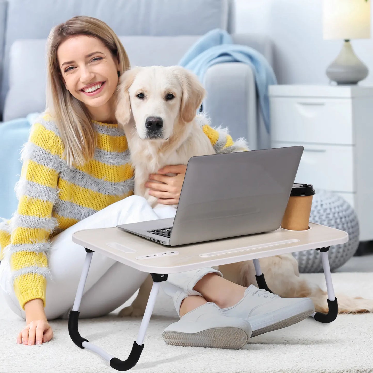 WGCTEK Laptop Bed Desk, Portable Foldable Laptop Table, Lap Desk Tray Table with 4 USB Ports, Storage Drawer and Cup Holder, for Bed/Couch Working, Reading - Black/White/Pink/Walnut