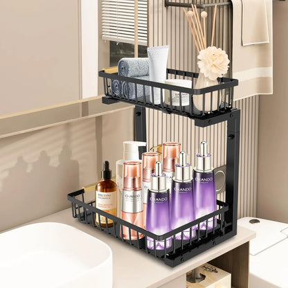 Pull Out Cabinet Organizer, 2 Tier under Sink Organizer, Slide Out Metal Kitchen Cabinet Organizers Drawer Shelf, Sliding Storage Shelves for Kitchen Bathroom Pantry Cabinet Closet Organization Rack