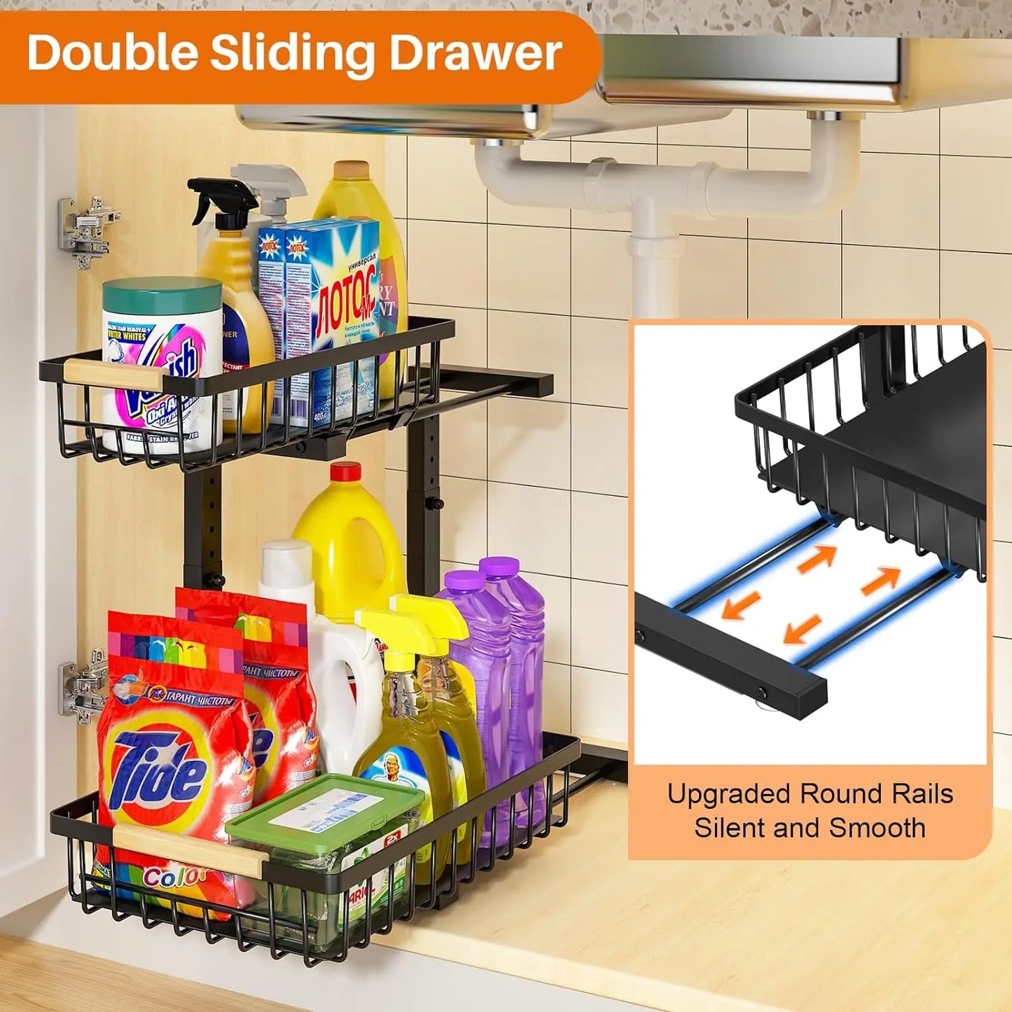 Pull Out Cabinet Organizer, 2 Tier under Sink Organizer, Slide Out Metal Kitchen Cabinet Organizers Drawer Shelf, Sliding Storage Shelves for Kitchen Bathroom Pantry Cabinet Closet Organization Rack