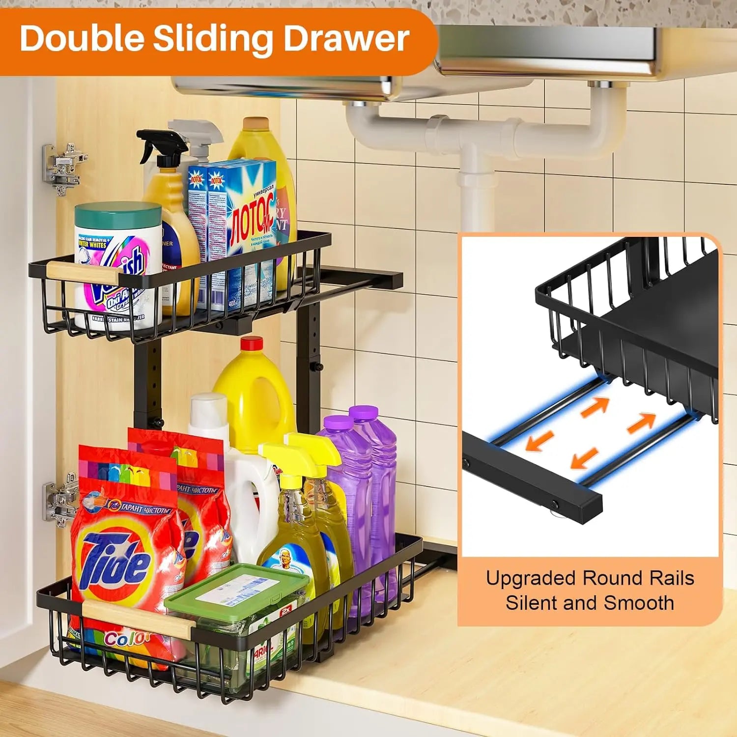 Pull Out Cabinet Organizer, 2 Tier under Sink Organizer, Slide Out Metal Kitchen Cabinet Organizers Drawer Shelf, Sliding Storage Shelves for Kitchen Bathroom Pantry Cabinet Closet Organization Rack
