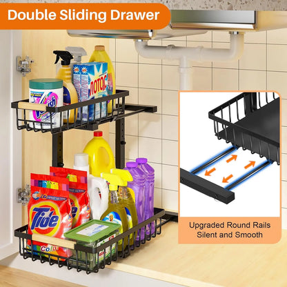 Pull Out Cabinet Organizer, 2 Tier under Sink Organizer, Slide Out Metal Kitchen Cabinet Organizers Drawer Shelf, Sliding Storage Shelves for Kitchen Bathroom Pantry Cabinet Closet Organization Rack