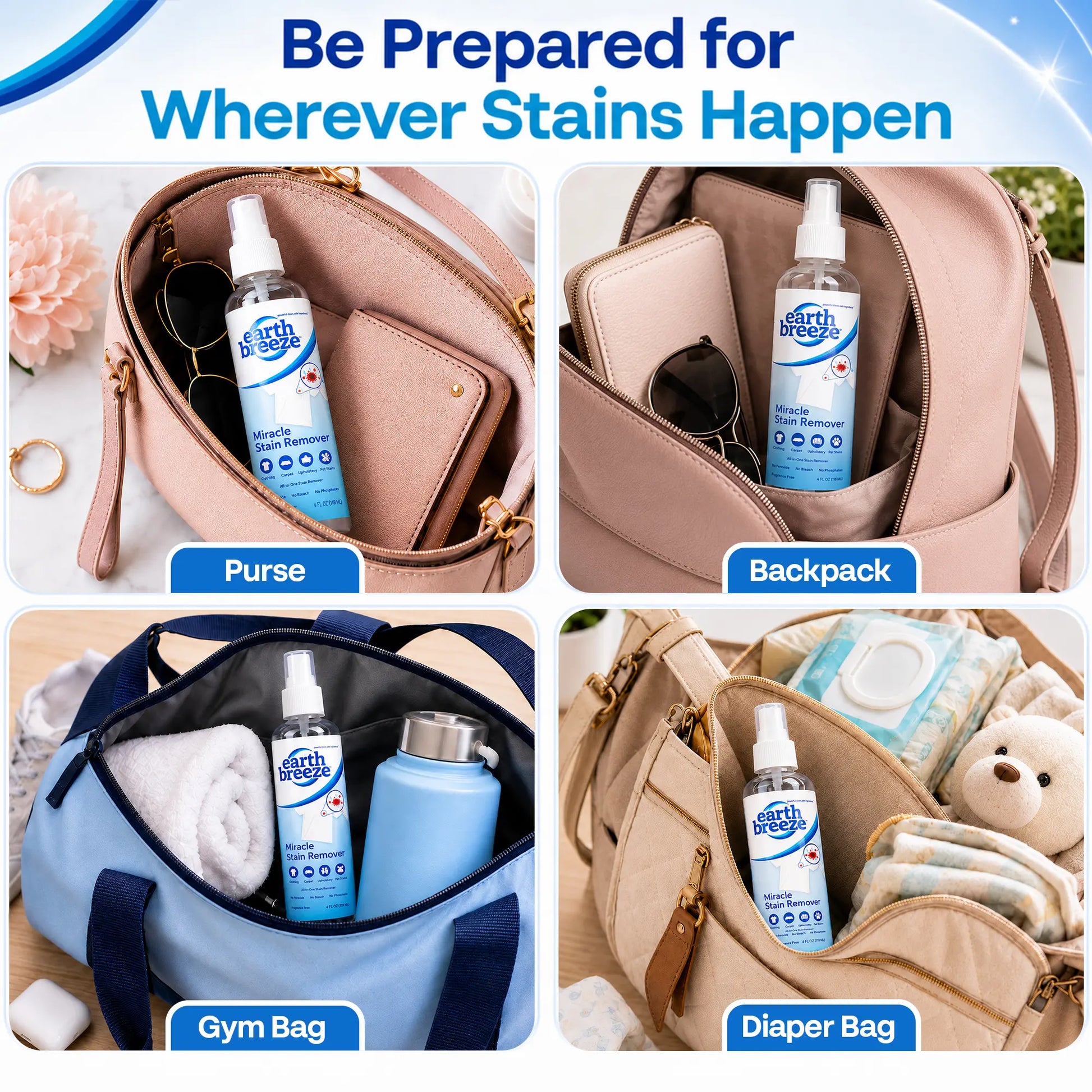 NEW! Earth Breeze Miracle Stain Remover Spray - Powerful All-In-One Laundry Pretreat & Fabric Stain Remover | Ultra-Effective, Fast-Acting Tough Stain Eliminator for Clothes, Carpet, Upholstery & Pets | Non-Toxic, No Bleach | Made in USA | 4 Fl Oz
